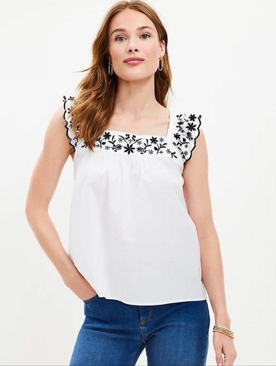 LOFT Tops - LOFT Embroidered Flutter Sleeve Square Neck Summer Top White & Black Size M